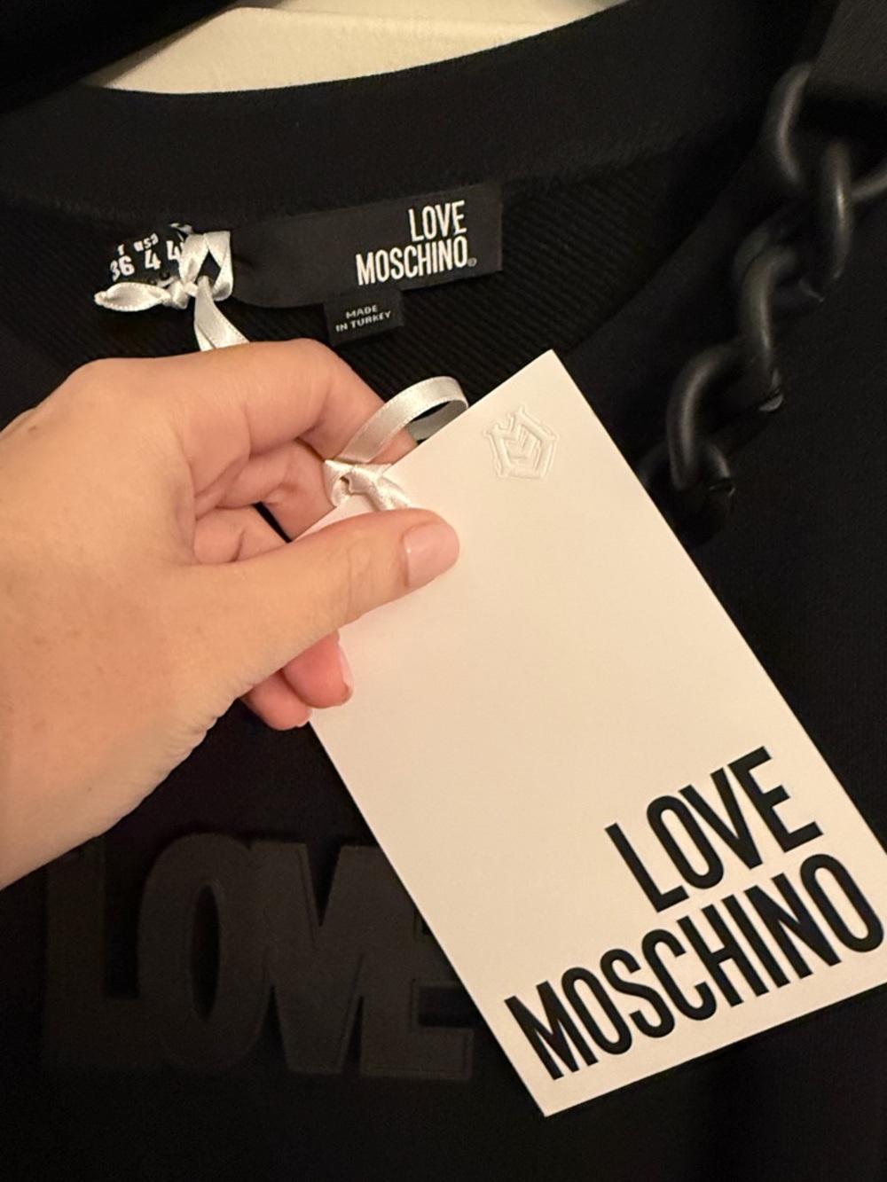 Love Moschino LOVE Black Chain Necklace Dress Tunic Top Side Pockets Size 4 - Picture 2 of 8